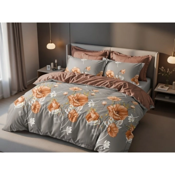 Pościel 160x200 bawełna szara w brązowe kwiaty PK777 z PRZEŚCIERADŁEM